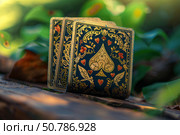 Ace of spades playing cards resembling an artifact on wooden surface. Стоковое AI-изображение, AI-художник Иван Рябоконь / Фотобанк Лори