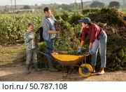 Family of farmers puts branches in a cart. Стоковое фото, фотограф Яков Филимонов / Фотобанк Лори