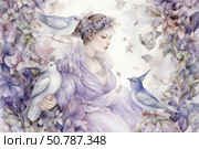 A delicate fantasy-style watercolor illustration depicting a beautiful girl in a lilac dress surrounded by flowers, birds and butterflies. Her gaze is lowered, and her pose is filled with calm and grace. The atmosphere of the scene is permeated with silence, lightness and dreamy romance. Shades of lilac, pink and blue create a feeling of a spring morning or a magical dream. Ideal for decorating books, postcards, printed materials, stationery, posters and decorative textiles. Стоковое AI-изображение, AI-художник Анна Кривицкая / Фотобанк Лори
