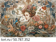 An elegant art nouveau illustration depicting a female portrait surrounded by a lush composition of flowers, leaves and birds. The woman's hair is intertwined with petals and feathers, creating the effect of merging with nature. The color palette is soft, with accents on pink, terracotta and blue shades. Each element is carefully drawn, giving the image sophistication and decorative richness. Ideal for packaging, printing, wall panels, textiles and luxury design items. Стоковое AI-изображение, AI-художник Анна Кривицкая / Фотобанк Лори