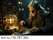 An atmospheric portrait of an old wizard or alchemist in a dark workshop filled with antiques, magical artifacts, and candles. A man with long gray hair decorated with metal elements sits at a table covered with coins, tools, and old mechanisms. His face expresses concentration and wisdom, and the warm light of the lamp and candles creates a sense of coziness and mystery. The image is made in the fantasy and steampunk style, perfect for book covers, fairy tale illustrations, board games, posters, and concept art. Стоковое AI-изображение, AI-художник Анна Кривицкая / Фотобанк Лори