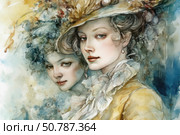 Watercolor illustration in Art Nouveau style with two female figures harmoniously intertwined in one composition. The woman in the foreground is dressed in a vintage suit and an elegant hat with floral decoration. Her gaze is calm and confident, and her face is perfectly illuminated by soft light. The second figure seems to dissolve into the background, giving the image a touch of mystery and psychological depth. The color scheme includes soft pastel tones with shades of blue, ocher and ivory. Suitable for book covers, design projects, decor and fashion illustrations. Стоковое AI-изображение, AI-художник Анна Кривицкая / Фотобанк Лори