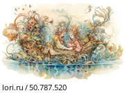 Watercolor fantasy illustration of two girls in ornate flower crowns sitting in a boat surrounded by whimsical sea creatures, plants and fairytale details. The illustration is done in soft pastel colors, with many small decorative elements that create an atmosphere of magic and fairytale. The girls look like characters from myths or legends, and the boat seems to be sailing through a fantasy world filled with wonders. Suitable for book design, children's products, posters and decorative design. Стоковое AI-изображение, AI-художник Анна Кривицкая / Фотобанк Лори