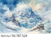 Watercolor image of a majestic snowy mountain landscape with a massive peak partially hidden by clouds. The calm palette of blue, white and soft pink shades creates a feeling of purity, cold and silent grandeur of nature. The painting combines realism and artistic fantasy, is ideal for use in the design of postcards, books, calendars, tourist and environmental projects. Стоковое AI-изображение, AI-художник Анна Кривицкая / Фотобанк Лори