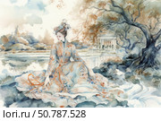 Watercolor illustration of an elegant woman in a luxurious dress sitting on the bank of a pond surrounded by an autumn garden. Behind her is the classical architecture of a palace with columns, framed by the branches of an old tree. The color scheme is maintained in soft pastel colors - blue, terracotta and ocher. The scene conveys an atmosphere of coziness, thoughtfulness and slight melancholy in the spirit of romanticism. Стоковое AI-изображение, AI-художник Анна Кривицкая / Фотобанк Лори