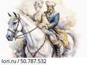 Watercolor illustration of a man and woman in historical oriental costumes, riding a white horse. The woman confidently holds the reins and points forward, the man sits behind, holding her by the waist. The atmosphere of the image is imbued with sophistication, romance and the spirit of adventure. The rich decoration of the outfits, the man's turban and the gentle expression on their faces create the feeling of a fairytale journey, as if from an oriental legend or historical novel. Стоковое AI-изображение, AI-художник Анна Кривицкая / Фотобанк Лори