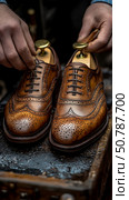 Artisan Craftsmanship: Exquisite Brown Leather Brogue Shoes Being Laced. Стоковое AI-изображение, AI-художник Данила Большаков / Фотобанк Лори
