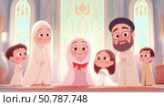 Muslim Family Prayer: A heartwarming illustration of a family's devotion at a mosque. Стоковое AI-изображение, AI-художник Данила Большаков / Фотобанк Лори