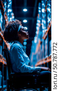 Woman in Wheelchair Contemplating in a Warehouse at Night. Стоковое AI-изображение, AI-художник Данила Большаков / Фотобанк Лори