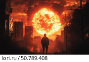 Mysterious Figure Silhouetted Against a Fiery Sunrise in a Desolate Urban Landscape. Стоковое AI-изображение, AI-художник Юлия Гапеенко / Фотобанк Лори