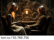 A futuristic cyberpunk scene: two people with transparent helmets filled with wires and mechanisms sit opposite each other at a round table. Between them is a retro-style lamp emitting a warm light. The background is decorated with an interweaving of wires and lights, creating an atmosphere of technological mysticism. A female figure in a white dress and with metal hands emphasizes the contrast between humanity and machine essence. The image symbolizes connection, communication and emotional contact in the digital age. Стоковое AI-изображение, AI-художник Анна Кривицкая / Фотобанк Лори