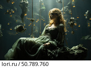 A mystical and atmospheric fantasy scene: a girl in a long, translucent, soft green dress sits on a suspended rock, as if on a swing, surrounded by floating stones and many burning lights in glass balls. Soft light pours from above, creating a feeling of underwater or otherworldly space. The image conveys feelings of solitude, magic and mystery. Ideal for book covers, posters, fantasy stories and music albums. Стоковое AI-изображение, AI-художник Анна Кривицкая / Фотобанк Лори