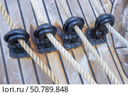 Корабельный блок с канатом на палубе парусного корабля. A ship's block with a rope on the deck of a sailing ship. Стоковое фото, фотограф Татьяна Д / Фотобанк Лори