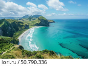 Wharariki beach embracing the turquoise waters of the tasman sea in new zealand. Стоковое AI-изображение, AI-художник Иван Рябоконь / Фотобанк Лори