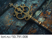 Ornate antique key resting on weathered wood. Стоковое AI-изображение, AI-художник Иван Рябоконь / Фотобанк Лори