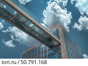 Modern glass skybridge connecting buildings under cloudy sky. Стоковое AI-изображение, AI-художник Иван Рябоконь / Фотобанк Лори