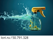 Spray bottle exploding with detergent and sponge particles on blue background. Стоковое AI-изображение, AI-художник Иван Рябоконь / Фотобанк Лори