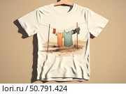 White t shirt showing clothes hanging on clothesline in desert landscape. Стоковое AI-изображение, AI-художник Иван Рябоконь / Фотобанк Лори