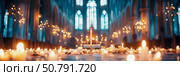 Candlelit Cathedral: A Serene Atmosphere of Faith and Tranquility. Стоковое AI-изображение, AI-художник Данила Большаков / Фотобанк Лори