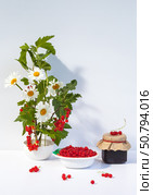 Beautiful summer still life with red currants in a bowl, a jar of homemade jam and a bouquet of daisies and currant branches on a white background. Growing organic garden berries concept. Стоковое фото, фотограф Виктория Катьянова / Фотобанк Лори