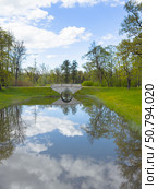 Beautiful forest park in spring. View of stone pedestrian bridge with mirror reflection in quiet river. Green beds with dandelions and fresh young foliage on trees. Scenic landscape of sunny May day. Стоковое фото, фотограф Виктория Катьянова / Фотобанк Лори