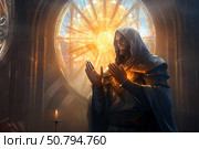 Medieval monk praying in front of illuminated stained glass window. Стоковое AI-изображение, AI-художник Иван Рябоконь / Фотобанк Лори