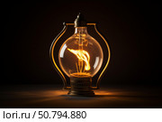 Vintage edison light bulb shining in the dark. Стоковое AI-изображение, AI-художник Иван Рябоконь / Фотобанк Лори