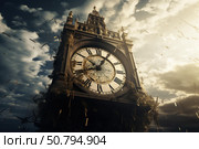 Old clock tower crumbling under dramatic sky showing time passing. Стоковое AI-изображение, AI-художник Иван Рябоконь / Фотобанк Лори