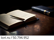 Elegant pen lying on open notebook with cursive handwriting on wooden table. Стоковое AI-изображение, AI-художник Иван Рябоконь / Фотобанк Лори