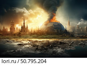 Burning geodesic dome rising from ruined city after apocalypse. Стоковое AI-изображение, AI-художник Иван Рябоконь / Фотобанк Лори