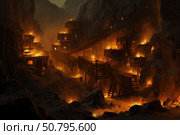 Burning mines lighting up the night in a mountain gorge. Стоковое AI-изображение, AI-художник Иван Рябоконь / Фотобанк Лори