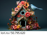 Blue bird perching on a flower covered birdhouse, springtime symbol. Стоковое AI-изображение, AI-художник Иван Рябоконь / Фотобанк Лори
