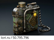 Steampunk flask glowing with intricate details and metal chain. Стоковое AI-изображение, AI-художник Иван Рябоконь / Фотобанк Лори