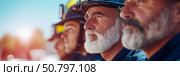 Three Firefighters in Profile: A Portrait of Courage and Duty. Стоковое AI-изображение, AI-художник Данила Большаков / Фотобанк Лори