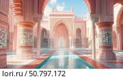 Serene Oasis: An Architectural Masterpiece of Moorish Influence. Стоковое AI-изображение, AI-художник Данила Большаков / Фотобанк Лори