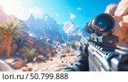 First-person view of a sniper rifle aimed at a desert mountain landscape. Стоковое AI-изображение, AI-художник Данила Большаков / Фотобанк Лори