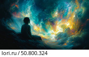 Contemplation: Woman gazing into the vast expanse of space, surrounded by cosmic swirls and nebulous light. Стоковое AI-изображение, AI-художник Данила Большаков / Фотобанк Лори