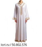 White Long Sleeve Caftan Dress With Gold Embroidery. Generative AI. Стоковое AI-изображение, AI-художник Roman Zavorotny / Фотобанк Лори