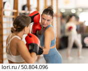Women fight with hands, using all strength, courage during boxing lesson. Стоковое фото, фотограф Яков Филимонов / Фотобанк Лори