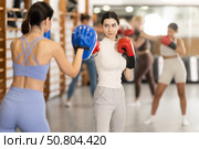 Woman works out strength and speed of boxing punch mitts with help of partner in boxing paws. Стоковое фото, фотограф Яков Филимонов / Фотобанк Лори