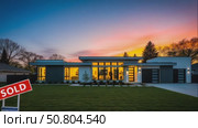 Modern house with a sold sign in front. The exterior features large windows and a well-maintained lawn. The sky is vibrant with sunset colors. Стоковое AI-видео, аниматор Olga Dmitrieva / Фотобанк Лори