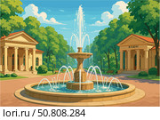 Bright cityscape of Essentuki with fountains and spa architecture. Стоковое AI-изображение, AI-художник Максим Гребешков / Фотобанк Лори