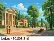 Yessentuki cityscape with spa buildings and tree-lined open spaces. Стоковое AI-изображение, AI-художник Максим Гребешков / Фотобанк Лори