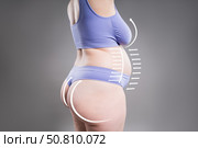 Buttocks, hip, abdomen liposuction, breast augmentation, fat and cellulite removal concept, female body with painted lines on gray background. Стоковое фото, фотограф Станислав Тарко / Фотобанк Лори