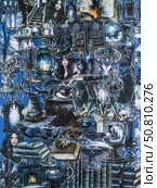 Novosibirsk, Russia - May 30, 2025: Vinyl stickers featuring mystical and enchanting witch-inspired designs in a dark, elegant style. These stickers depict cauldrons, spellbooks, crescent moons, pentagrams, magical symbols, and mysterious figures adorned with robes and hats. Редакционное фото, фотограф Виталий Сова / Фотобанк Лори