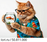 Рыжий кот в очках и рубашке рассматривает аквариум с рыбкой. Стоковое AI-изображение, AI-художник Валерий Ячин / Фотобанк Лори