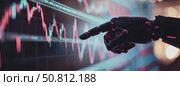 A Futuristic Robotic Hand Engaged in Analyzing and Interpreting Stock Market Trends for Investment Insights. Стоковое AI-изображение, AI-художник Anastasy Yarmolovich / Фотобанк Лори