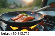 Close up on frying pan with organic salmon prepared in inside camper van on campsite in mountains or forest. Life on the road, camper van lifestyle outdoors vibes. Prepare food in van. Стоковое AI-видео, аниматор Sergey Grishin / Фотобанк Лори