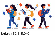 Back to school: Students walking and reading books for education purpose. Стоковое AI-изображение, AI-художник Данила Большаков / Фотобанк Лори