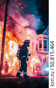 Bravery Under Fire: A First Responder's Resolve in the Inferno, A Tale of Courage and Community Service. Стоковое AI-изображение, AI-художник Данила Большаков / Фотобанк Лори